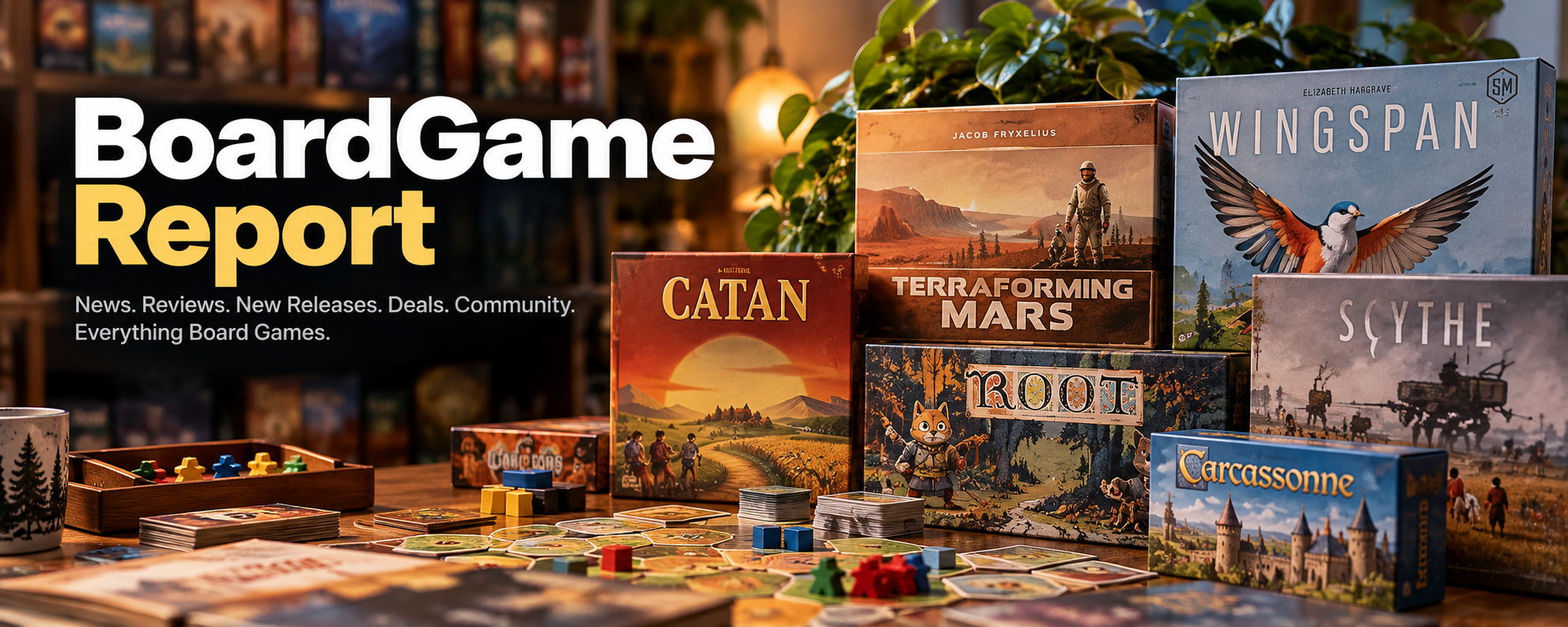 BoardGameReport: board game boxes, meeples and tiles on a game-night table